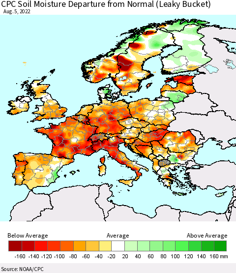 Europe CPC Soil Moisture Departure from Normal (Leaky Bucket) Thematic Map For 8/1/2022 - 8/5/2022