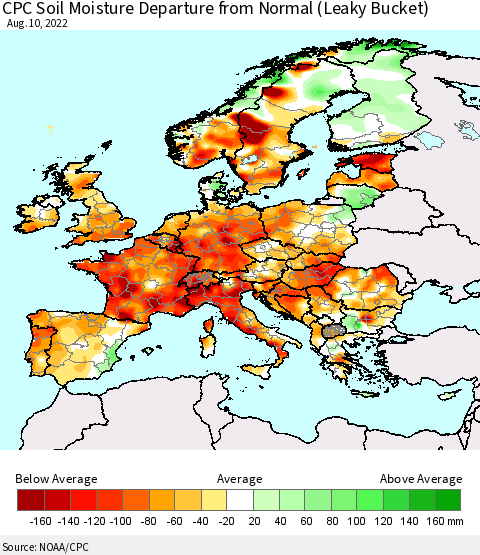 Europe CPC Soil Moisture Departure from Normal (Leaky Bucket) Thematic Map For 8/6/2022 - 8/10/2022