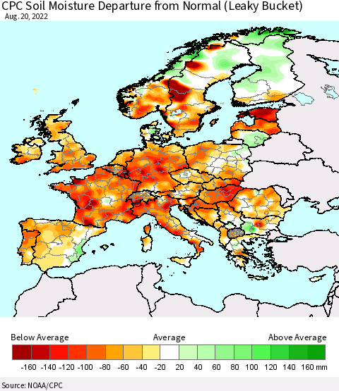 Europe CPC Soil Moisture Departure from Normal (Leaky Bucket) Thematic Map For 8/16/2022 - 8/20/2022