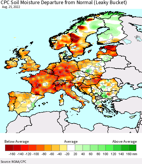 Europe CPC Soil Moisture Departure from Normal (Leaky Bucket) Thematic Map For 8/21/2022 - 8/25/2022