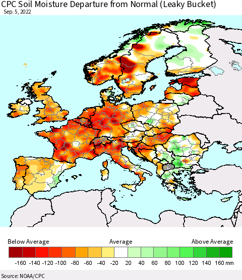Europe CPC Soil Moisture Departure from Normal (Leaky Bucket) Thematic Map For 9/1/2022 - 9/5/2022