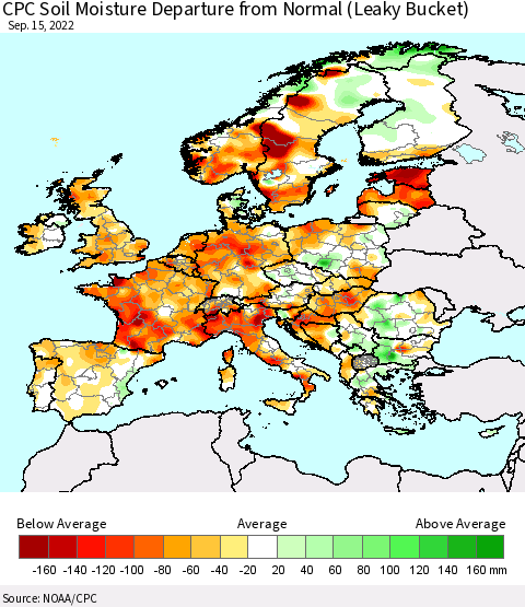 Europe CPC Soil Moisture Departure from Normal (Leaky Bucket) Thematic Map For 9/11/2022 - 9/15/2022