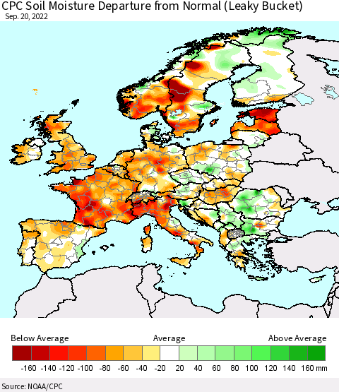 Europe CPC Soil Moisture Departure from Normal (Leaky Bucket) Thematic Map For 9/16/2022 - 9/20/2022
