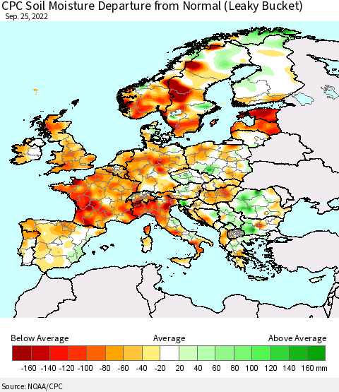 Europe CPC Soil Moisture Departure from Normal (Leaky Bucket) Thematic Map For 9/21/2022 - 9/25/2022