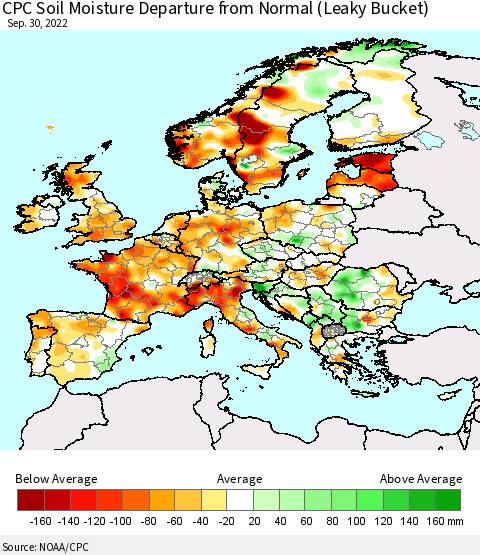 Europe CPC Soil Moisture Departure from Normal (Leaky Bucket) Thematic Map For 9/26/2022 - 9/30/2022