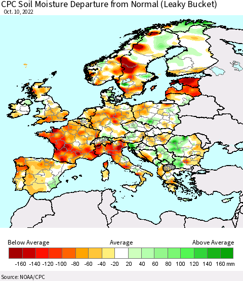 Europe CPC Soil Moisture Departure from Normal (Leaky Bucket) Thematic Map For 10/6/2022 - 10/10/2022