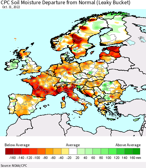 Europe CPC Soil Moisture Departure from Normal (Leaky Bucket) Thematic Map For 10/26/2022 - 10/31/2022