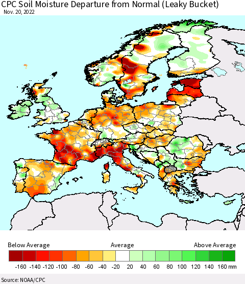 Europe CPC Soil Moisture Departure from Normal (Leaky Bucket) Thematic Map For 11/16/2022 - 11/20/2022