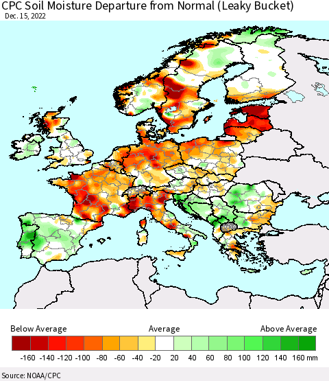 Europe CPC Soil Moisture Departure from Normal (Leaky Bucket) Thematic Map For 12/11/2022 - 12/15/2022