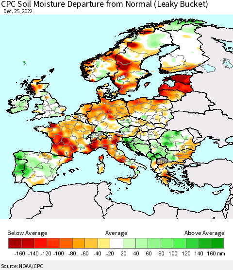Europe CPC Soil Moisture Departure from Normal (Leaky Bucket) Thematic Map For 12/21/2022 - 12/25/2022