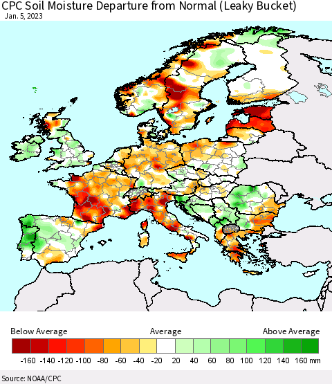 Europe CPC Soil Moisture Departure from Normal (Leaky Bucket) Thematic Map For 1/1/2023 - 1/5/2023