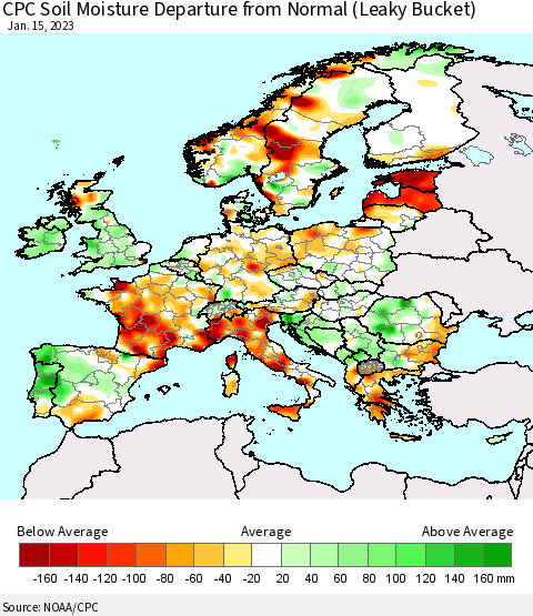 Europe CPC Soil Moisture Departure from Normal (Leaky Bucket) Thematic Map For 1/11/2023 - 1/15/2023