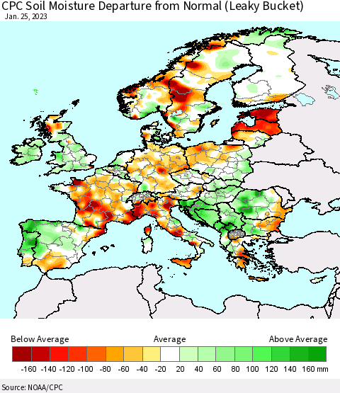 Europe CPC Soil Moisture Departure from Normal (Leaky Bucket) Thematic Map For 1/21/2023 - 1/25/2023