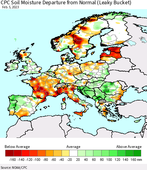 Europe CPC Soil Moisture Departure from Normal (Leaky Bucket) Thematic Map For 2/1/2023 - 2/5/2023