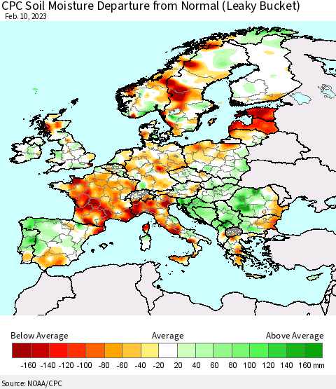 Europe CPC Soil Moisture Departure from Normal (Leaky Bucket) Thematic Map For 2/6/2023 - 2/10/2023