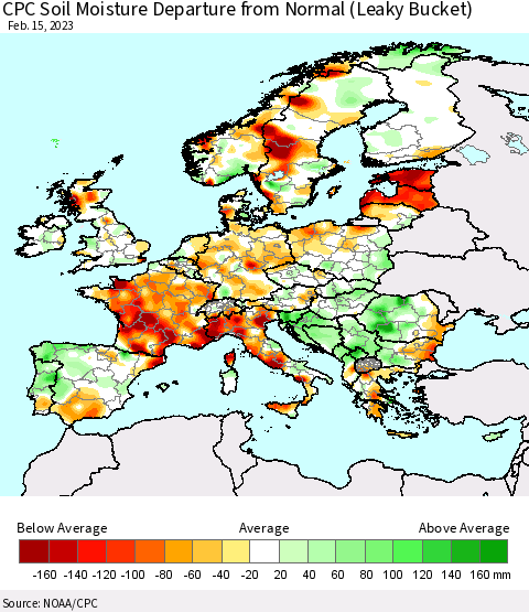 Europe CPC Soil Moisture Departure from Normal (Leaky Bucket) Thematic Map For 2/11/2023 - 2/15/2023