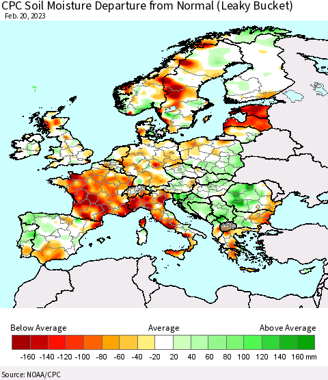 Europe CPC Soil Moisture Departure from Normal (Leaky Bucket) Thematic Map For 2/16/2023 - 2/20/2023