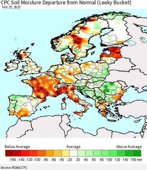 Europe CPC Soil Moisture Departure from Normal (Leaky Bucket) Thematic Map For 2/21/2023 - 2/25/2023