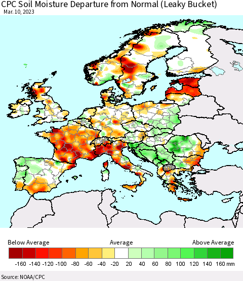 Europe CPC Soil Moisture Departure from Normal (Leaky Bucket) Thematic Map For 3/6/2023 - 3/10/2023