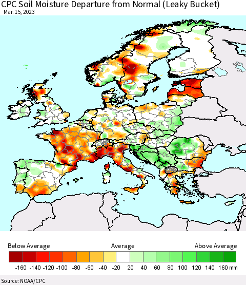 Europe CPC Soil Moisture Departure from Normal (Leaky Bucket) Thematic Map For 3/11/2023 - 3/15/2023