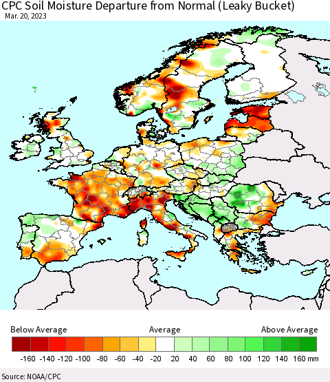 Europe CPC Soil Moisture Departure from Normal (Leaky Bucket) Thematic Map For 3/16/2023 - 3/20/2023
