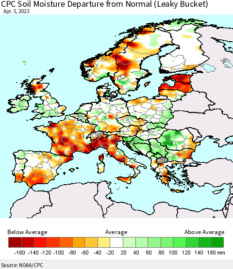 Europe CPC Soil Moisture Departure from Normal (Leaky Bucket) Thematic Map For 4/1/2023 - 4/5/2023