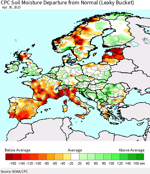 Europe CPC Soil Moisture Departure from Normal (Leaky Bucket) Thematic Map For 4/26/2023 - 4/30/2023