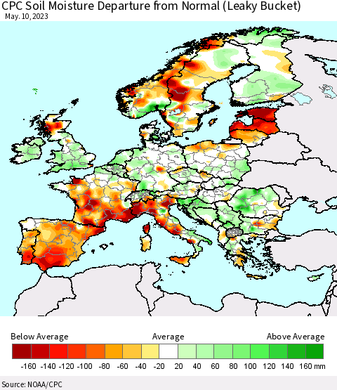 Europe CPC Soil Moisture Departure from Normal (Leaky Bucket) Thematic Map For 5/6/2023 - 5/10/2023