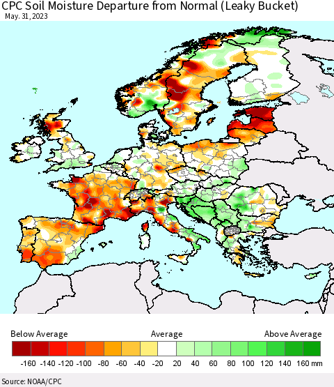 Europe CPC Soil Moisture Departure from Normal (Leaky Bucket) Thematic Map For 5/26/2023 - 5/31/2023