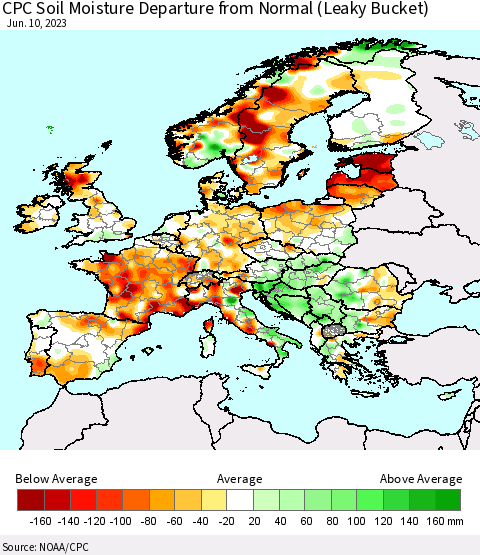 Europe CPC Soil Moisture Departure from Normal (Leaky Bucket) Thematic Map For 6/6/2023 - 6/10/2023