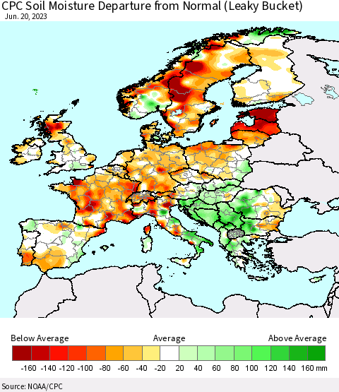 Europe CPC Soil Moisture Departure from Normal (Leaky Bucket) Thematic Map For 6/16/2023 - 6/20/2023
