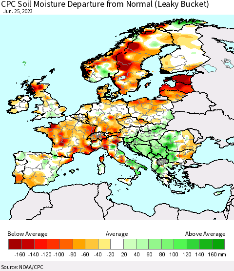 Europe CPC Soil Moisture Departure from Normal (Leaky Bucket) Thematic Map For 6/21/2023 - 6/25/2023
