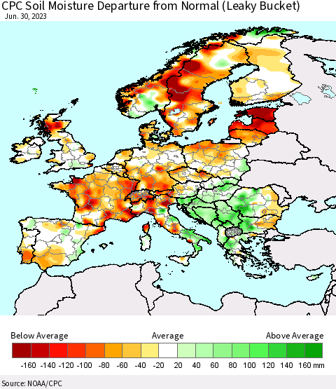Europe CPC Soil Moisture Departure from Normal (Leaky Bucket) Thematic Map For 6/26/2023 - 6/30/2023
