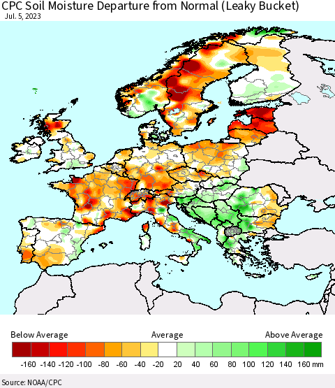 Europe CPC Soil Moisture Departure from Normal (Leaky Bucket) Thematic Map For 7/1/2023 - 7/5/2023
