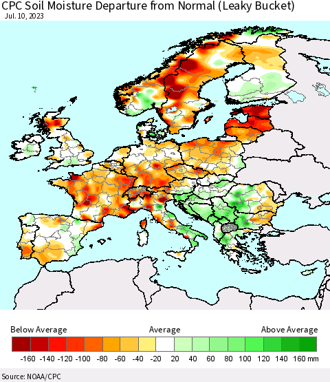 Europe CPC Soil Moisture Departure from Normal (Leaky Bucket) Thematic Map For 7/6/2023 - 7/10/2023