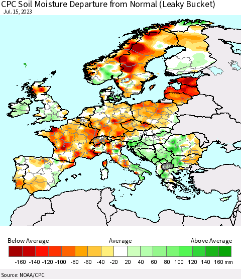Europe CPC Soil Moisture Departure from Normal (Leaky Bucket) Thematic Map For 7/11/2023 - 7/15/2023