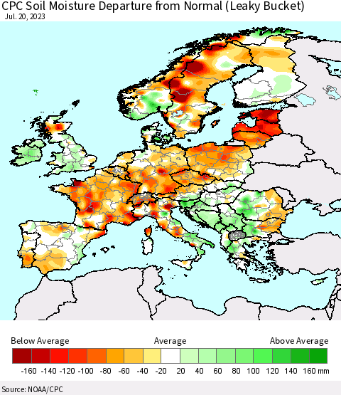 Europe CPC Soil Moisture Departure from Normal (Leaky Bucket) Thematic Map For 7/16/2023 - 7/20/2023