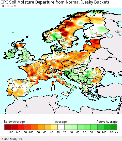 Europe CPC Soil Moisture Departure from Normal (Leaky Bucket) Thematic Map For 7/21/2023 - 7/25/2023