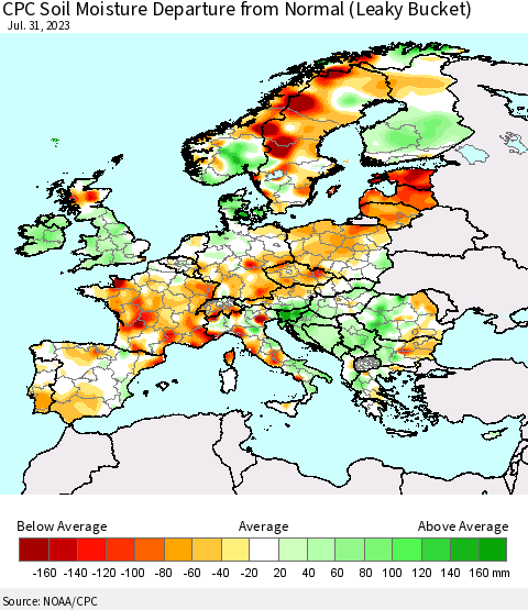 Europe CPC Soil Moisture Departure from Normal (Leaky Bucket) Thematic Map For 7/26/2023 - 7/31/2023