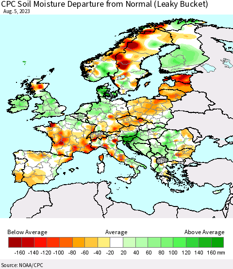 Europe CPC Soil Moisture Departure from Normal (Leaky Bucket) Thematic Map For 8/1/2023 - 8/5/2023