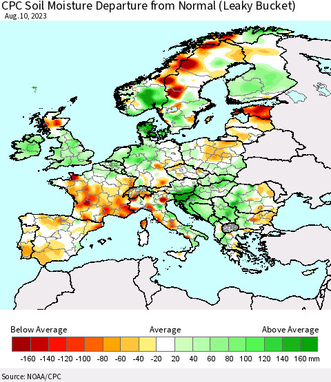 Europe CPC Soil Moisture Departure from Normal (Leaky Bucket) Thematic Map For 8/6/2023 - 8/10/2023