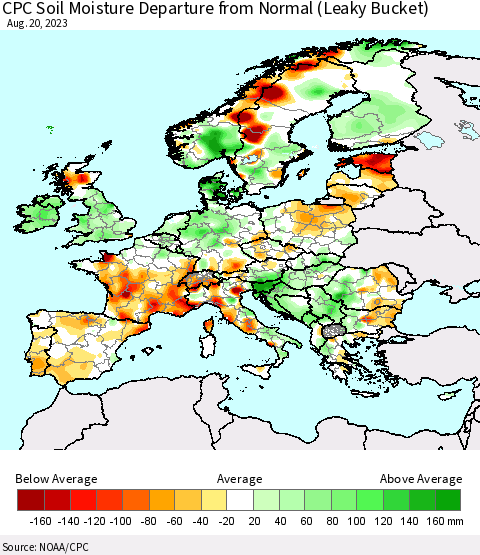 Europe CPC Soil Moisture Departure from Normal (Leaky Bucket) Thematic Map For 8/16/2023 - 8/20/2023