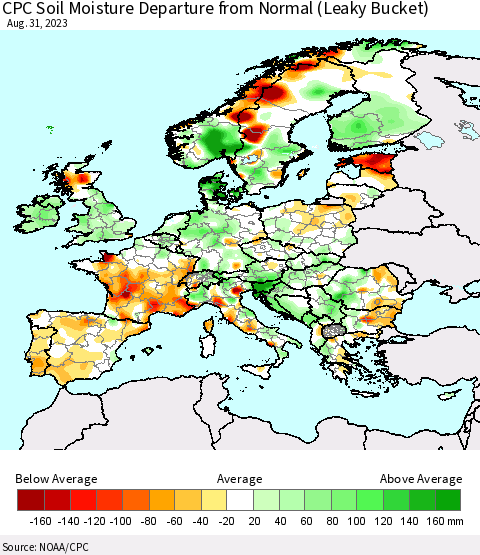 Europe CPC Soil Moisture Departure from Normal (Leaky Bucket) Thematic Map For 8/26/2023 - 8/31/2023
