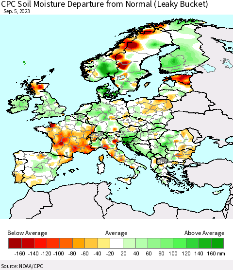 Europe CPC Soil Moisture Departure from Normal (Leaky Bucket) Thematic Map For 9/1/2023 - 9/5/2023