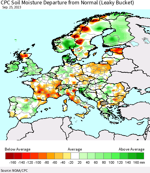 Europe CPC Soil Moisture Departure from Normal (Leaky Bucket) Thematic Map For 9/21/2023 - 9/25/2023
