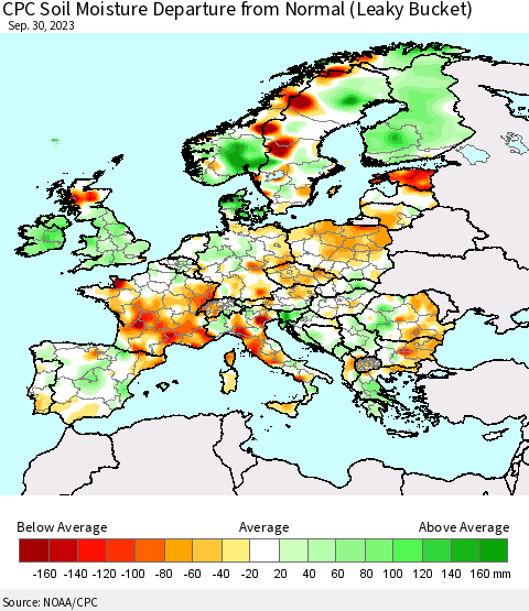 Europe CPC Soil Moisture Departure from Normal (Leaky Bucket) Thematic Map For 9/26/2023 - 9/30/2023