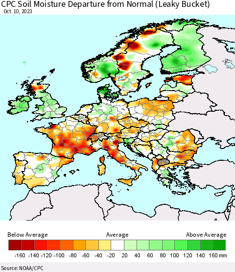 Europe CPC Soil Moisture Departure from Normal (Leaky Bucket) Thematic Map For 10/6/2023 - 10/10/2023
