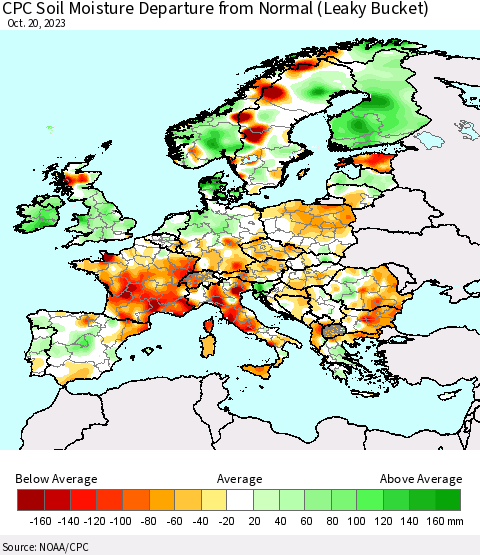 Europe CPC Soil Moisture Departure from Normal (Leaky Bucket) Thematic Map For 10/16/2023 - 10/20/2023