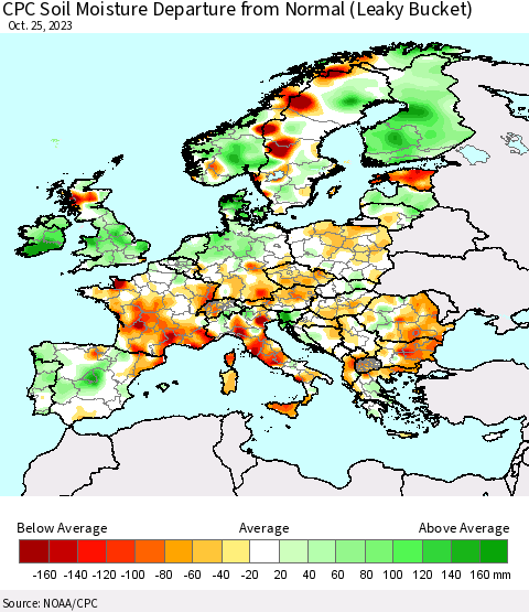 Europe CPC Soil Moisture Departure from Normal (Leaky Bucket) Thematic Map For 10/21/2023 - 10/25/2023