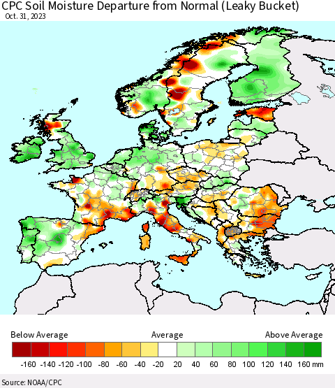 Europe CPC Soil Moisture Departure from Normal (Leaky Bucket) Thematic Map For 10/26/2023 - 10/31/2023